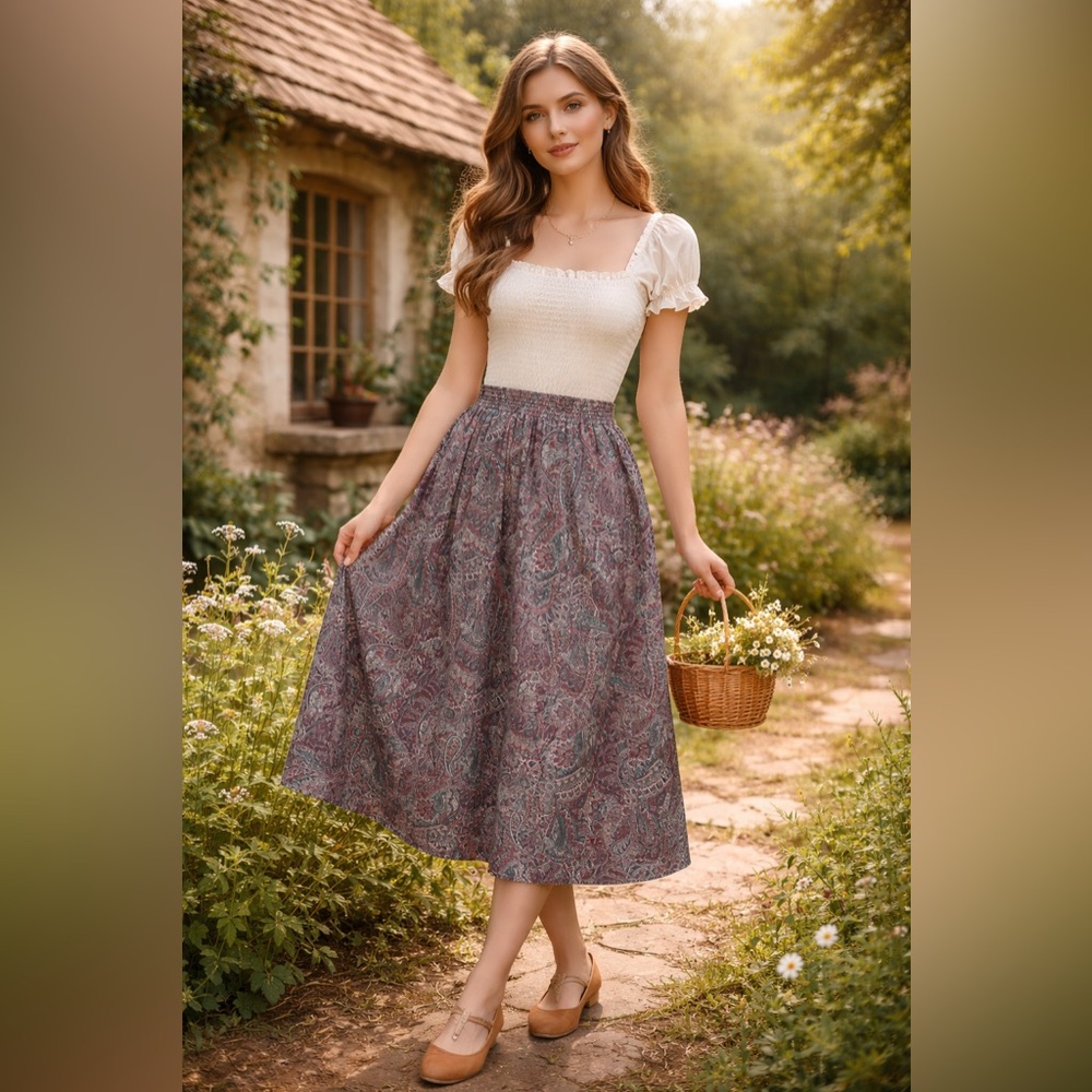 Vintage Paisley Midi Skirt in Black and Purple